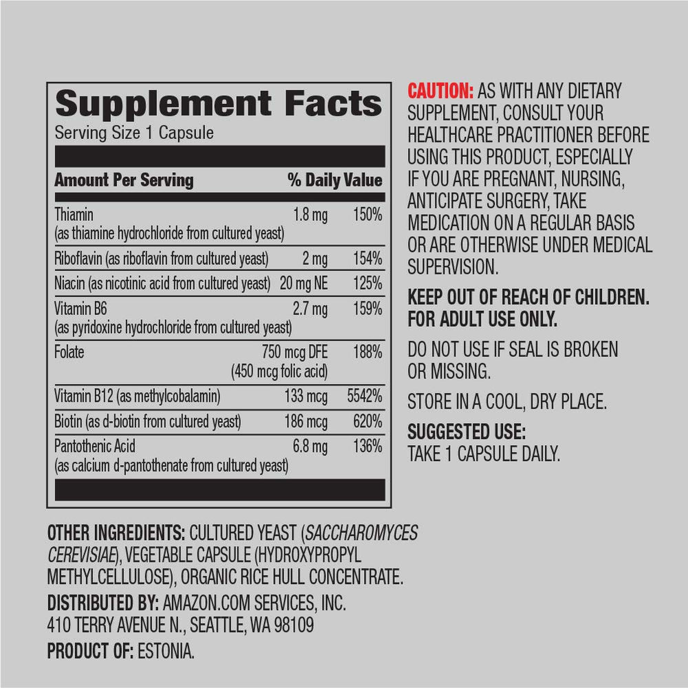 Amazon Elements B Complex capsules closeup highlights easy daily supplementation for immune and energy metabolism