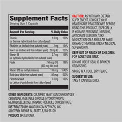 Amazon Elements B Complex capsules closeup highlights easy daily supplementation for immune and energy metabolism
