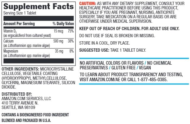 Amazon Elements calcium-d2 ingredient label featuring algae-sourced minerals and vegan vitamin D2