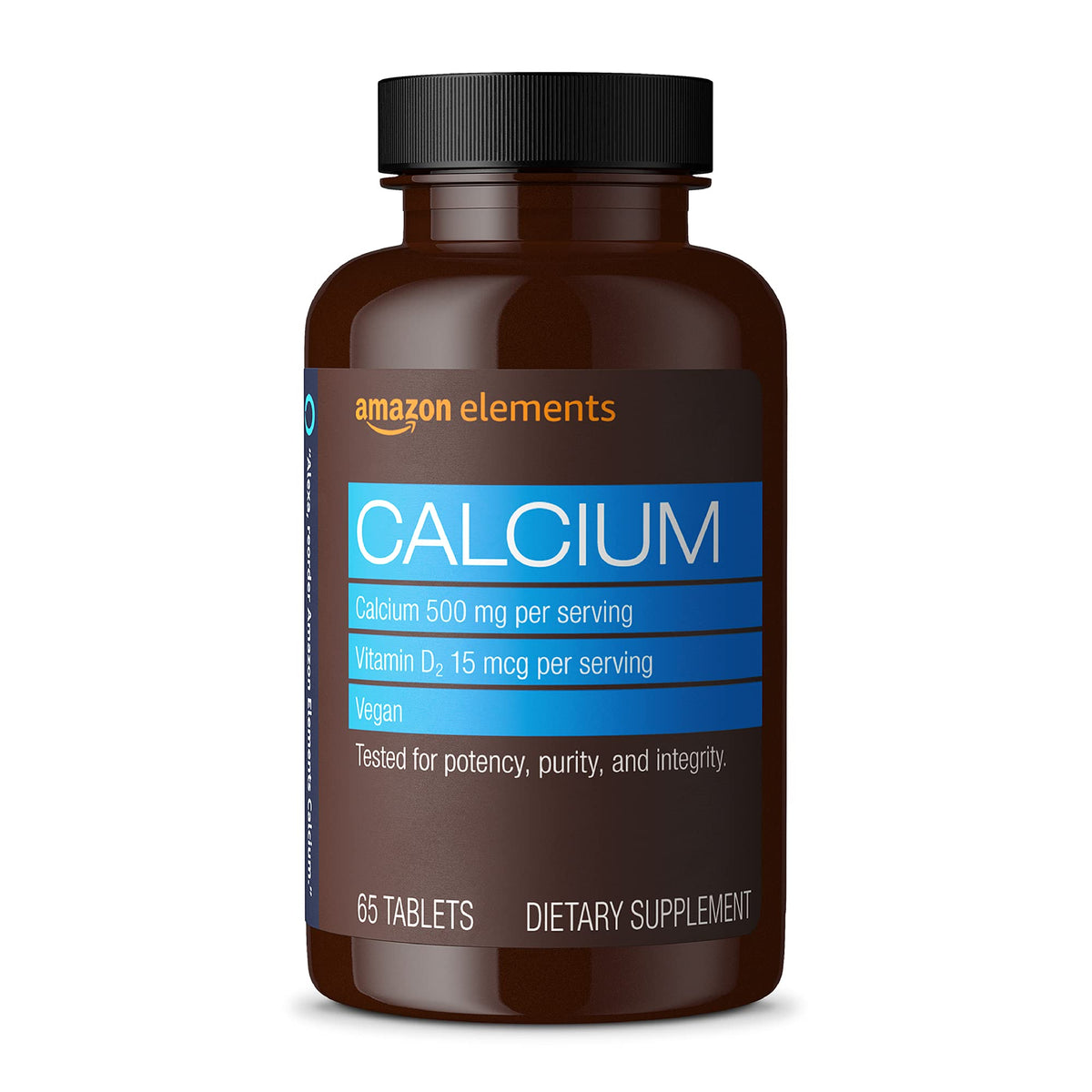 Amazon Elements calcium-d2 vegan bottle highlighting calcium and D2 for bone health support