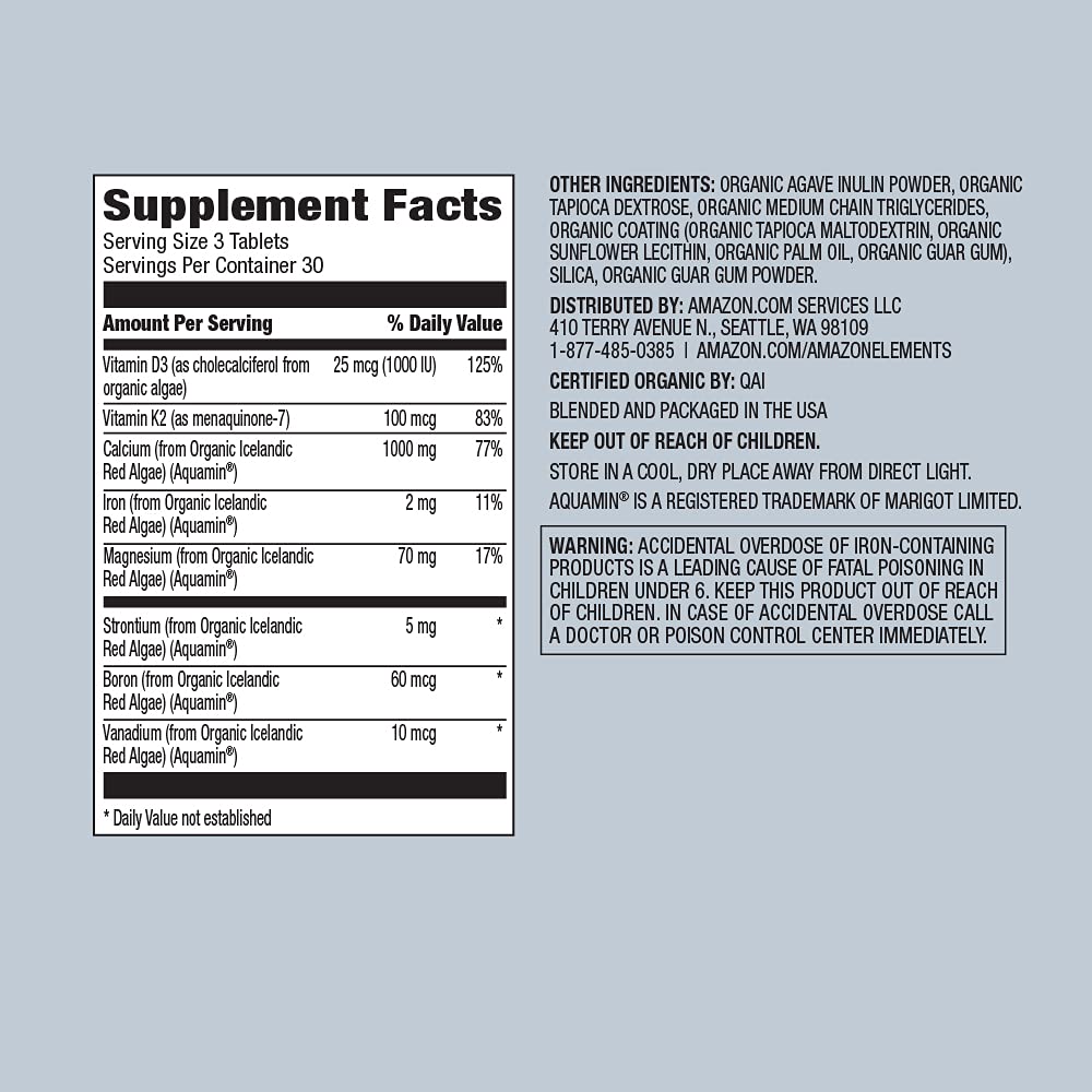Amazon Elements calcium-magnesium tablets closeup showing compact daily capsules.