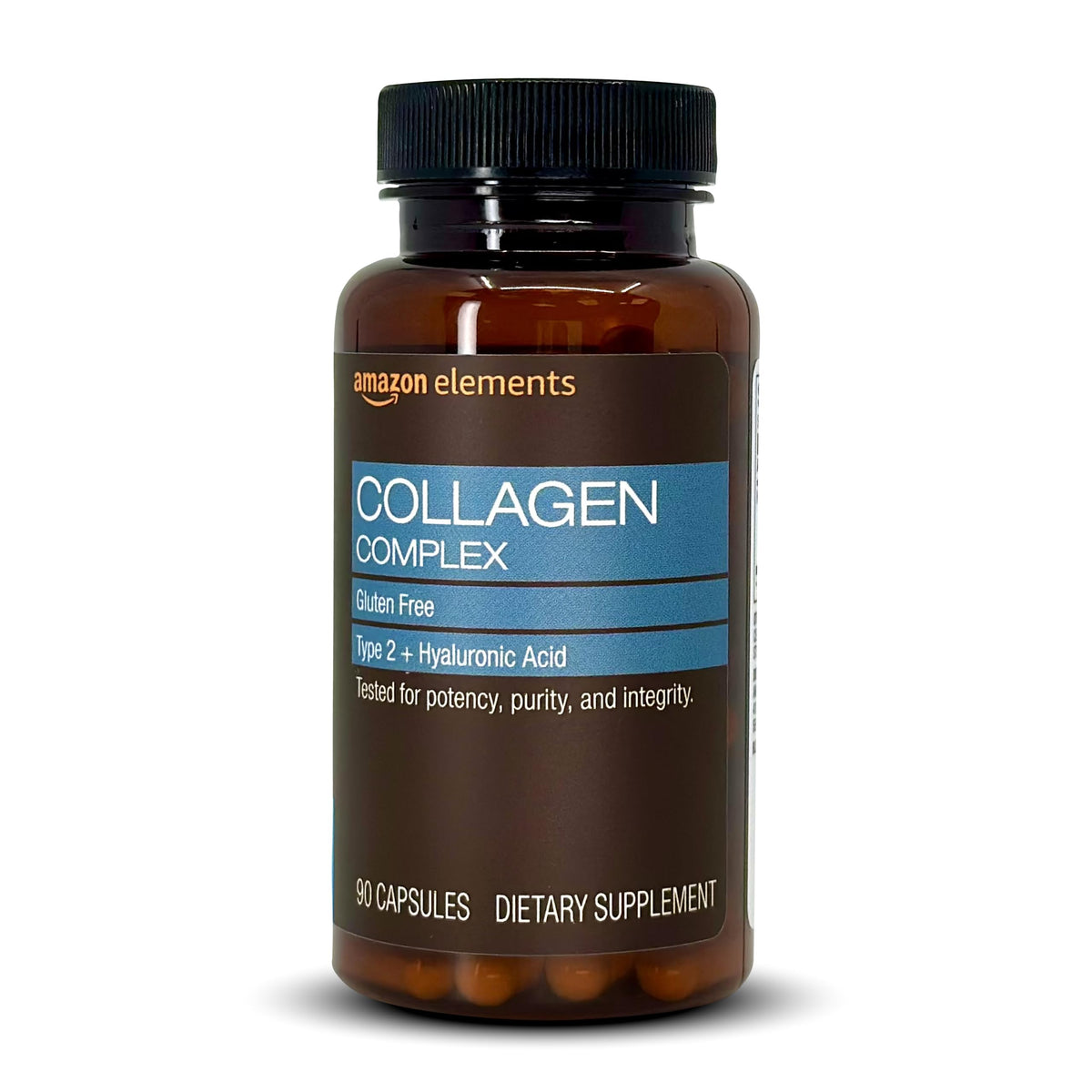 Amazon Elements Collagen Complex bottle front showing hydrolyzed collagen for potential joint support.