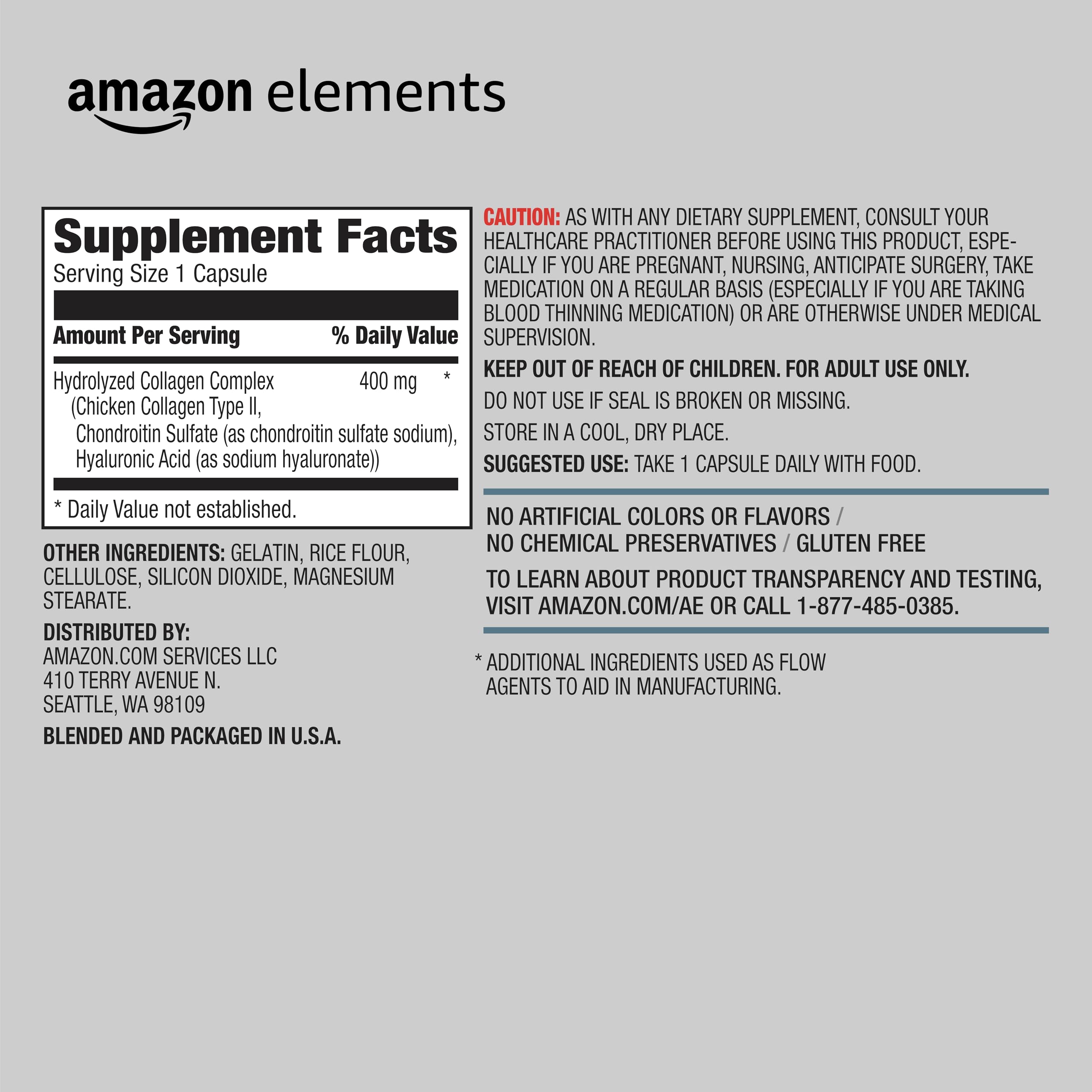Amazon Elements Collagen Complex label closeup highlighting hyaluronic acid for skin hydration.