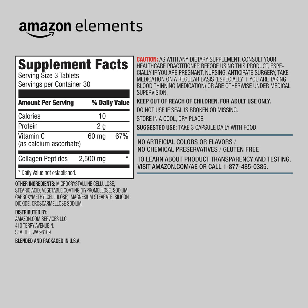 Amazon Elements bottle showing gluten-free collagen blend for wellness.