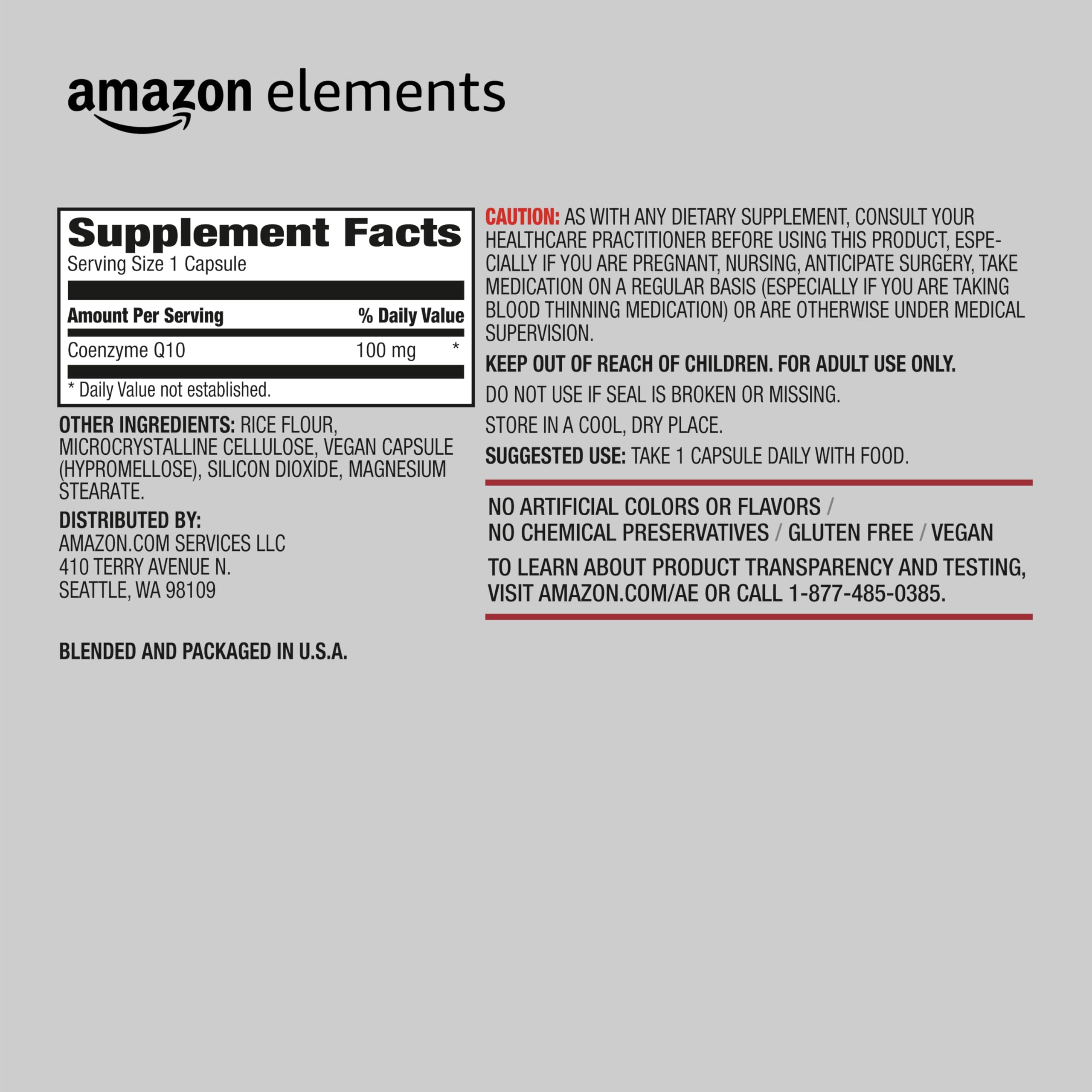 Amazon Elements CoQ10 bottle label shows vegan formula and 100 mg CoQ10.