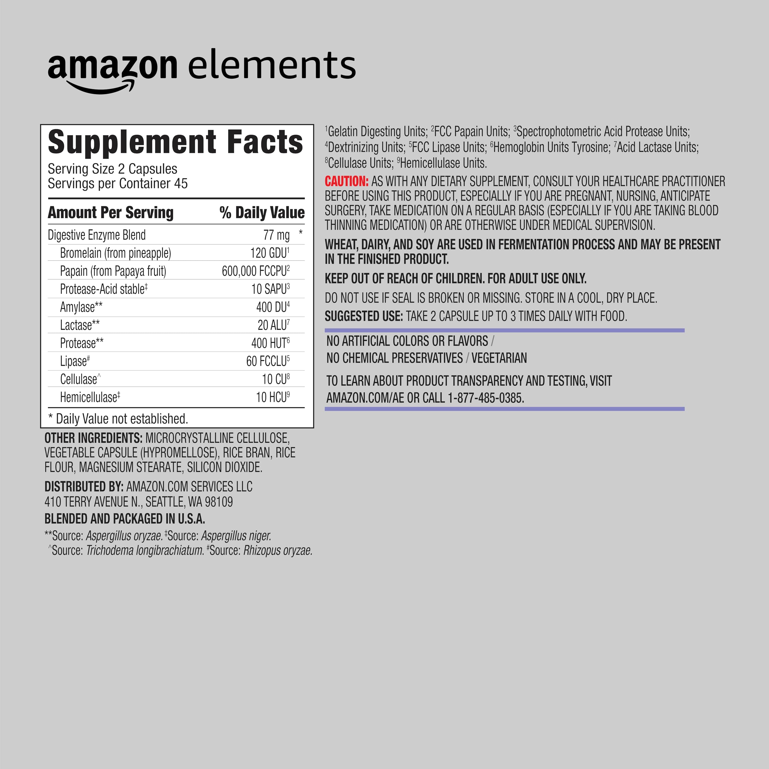Amazon Elements Digestive Enzyme Complex bottle highlighting 90-count size and label