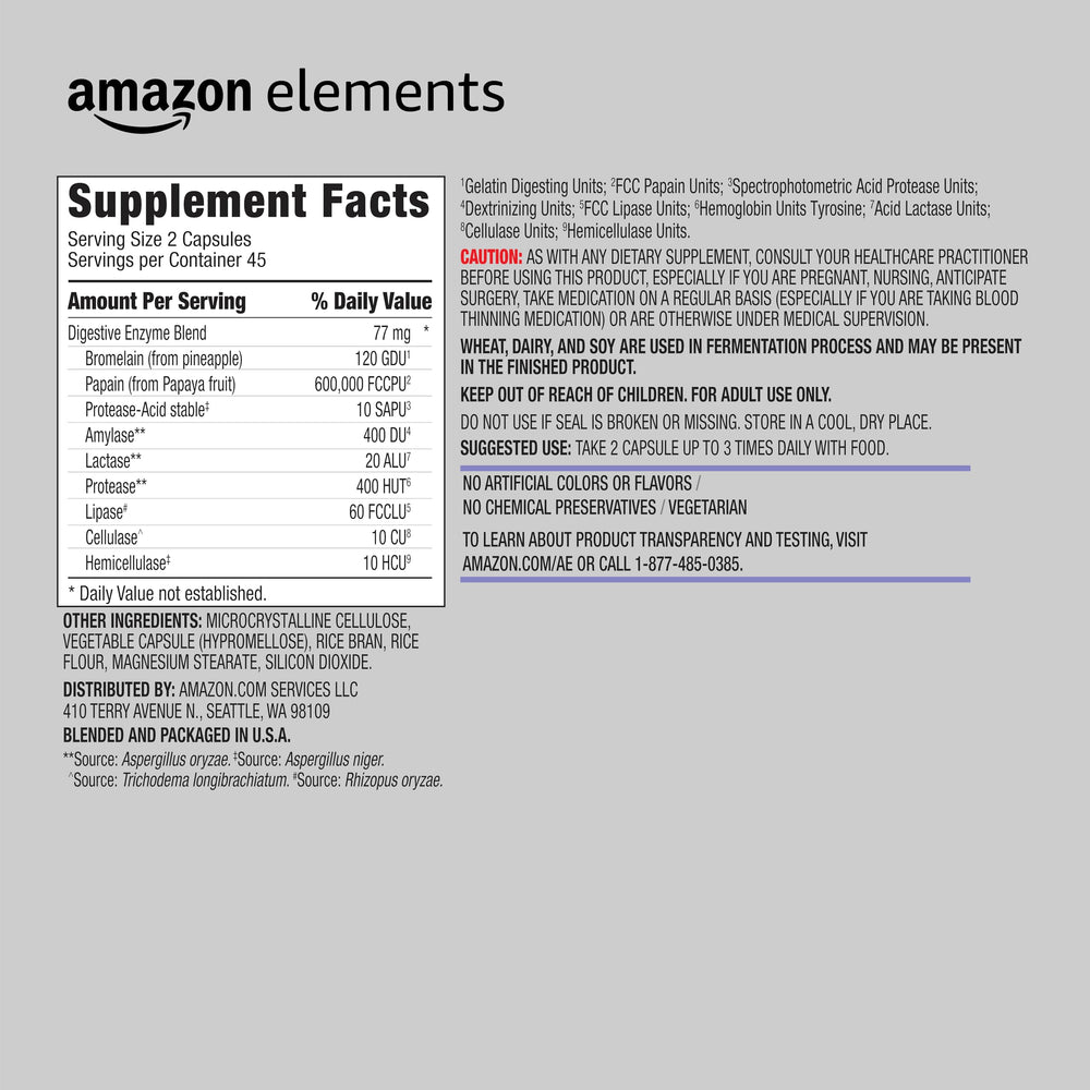 Amazon Elements Digestive Enzyme Complex bottle highlighting 90-count size and label