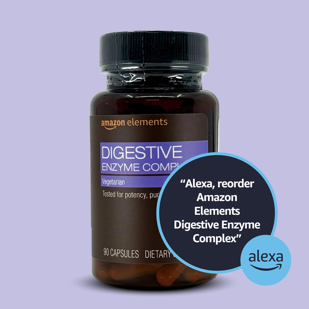 Amazon Elements Digestive Enzyme Complex label displaying nine enzymes per serving