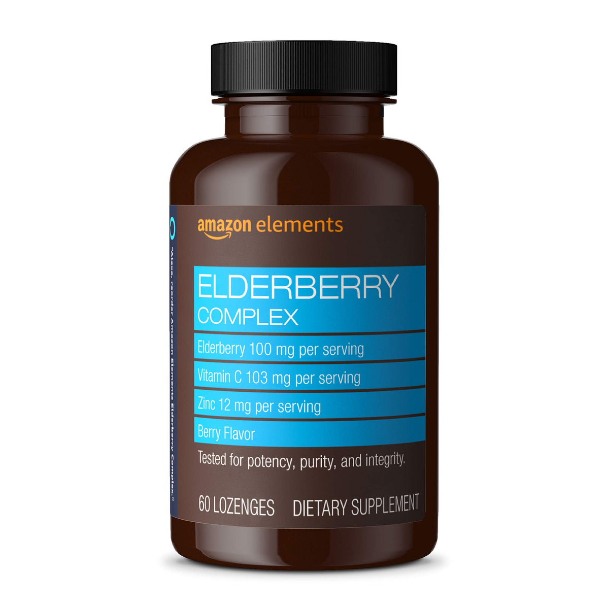 Amazon Elements Elderberry Complex lozenge bottle with berry flavor for daily use.