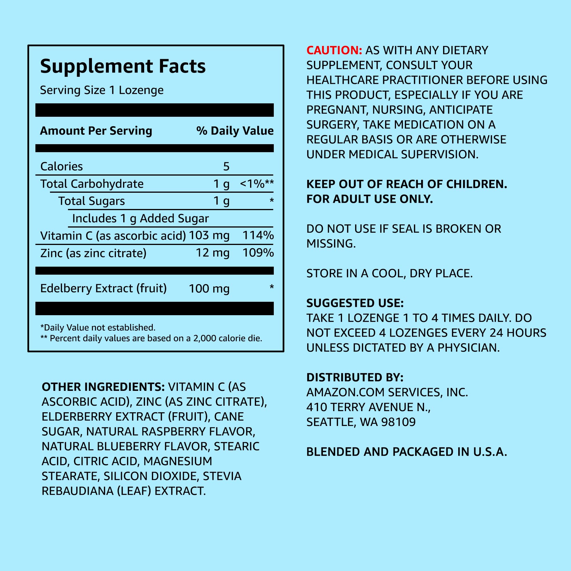 Amazon Elements Elderberry Complex bottle label shows serving size for easy daily dosing.