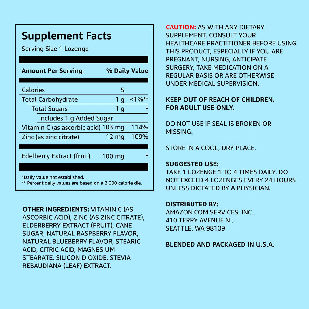 Amazon Elements Elderberry Complex bottle label shows serving size for easy daily dosing.
