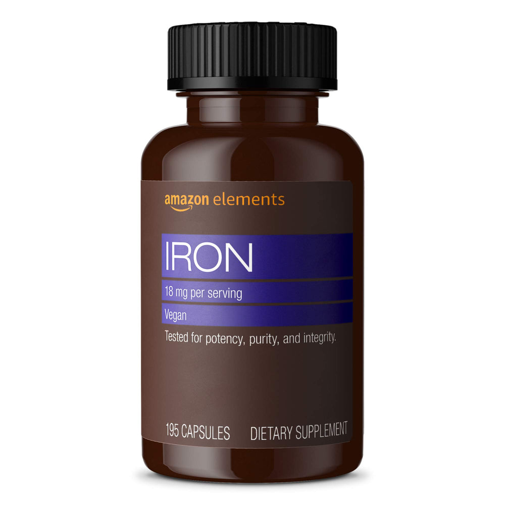 Amazon Elements Iron 18mg capsules bottle for daily iron support and convenience.