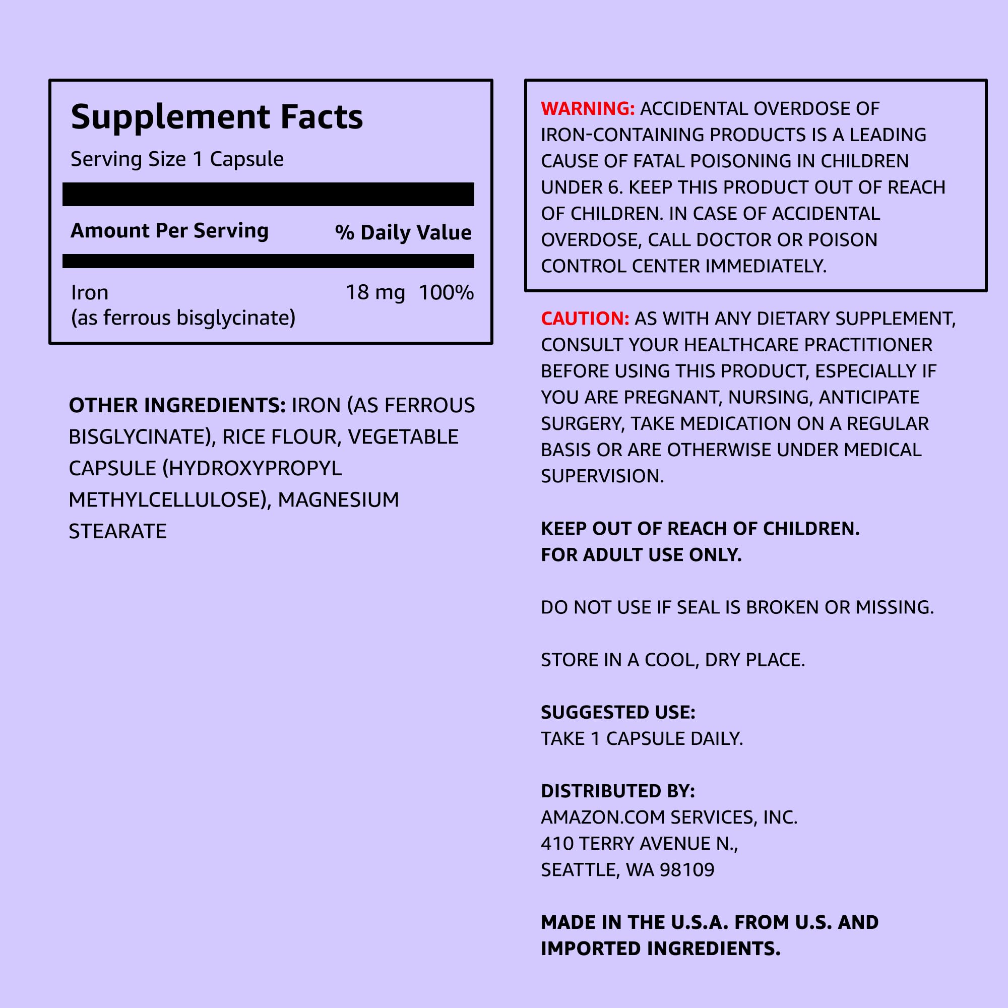 Amazon Elements Iron 18mg capsules being poured for quick daily intake.