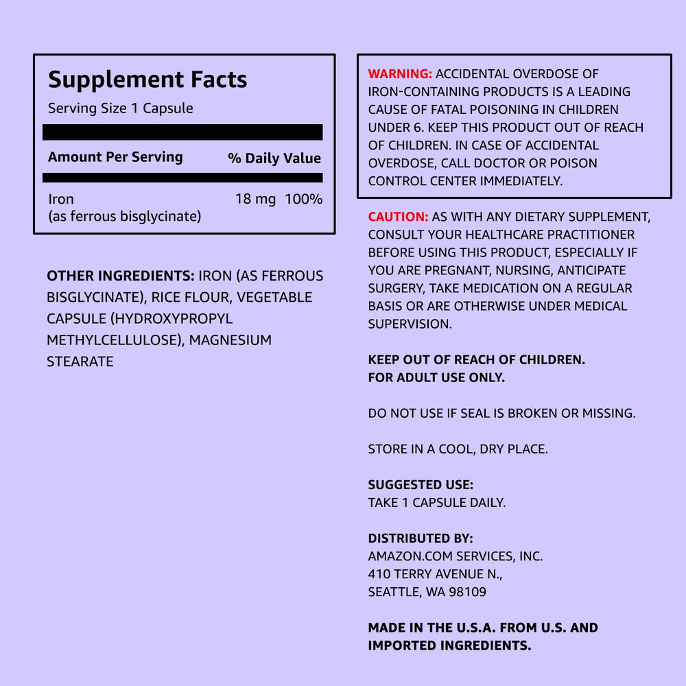 Amazon Elements Iron 18mg capsules being poured for quick daily intake.