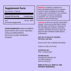 Amazon Elements Iron 18mg capsules being poured for quick daily intake.
