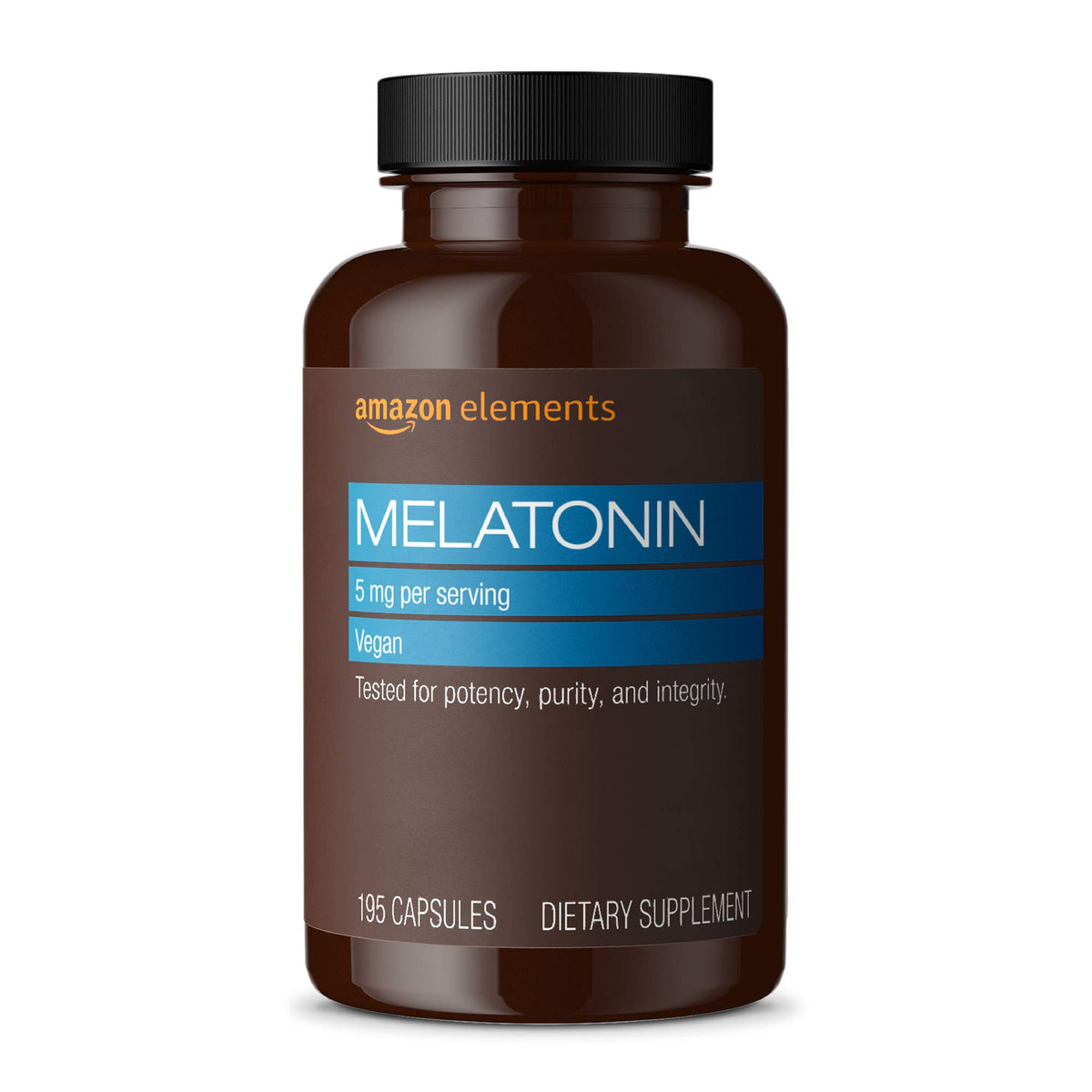 Amazon Elements Melatonin 5mg bottle close-up suggesting sleep support potential