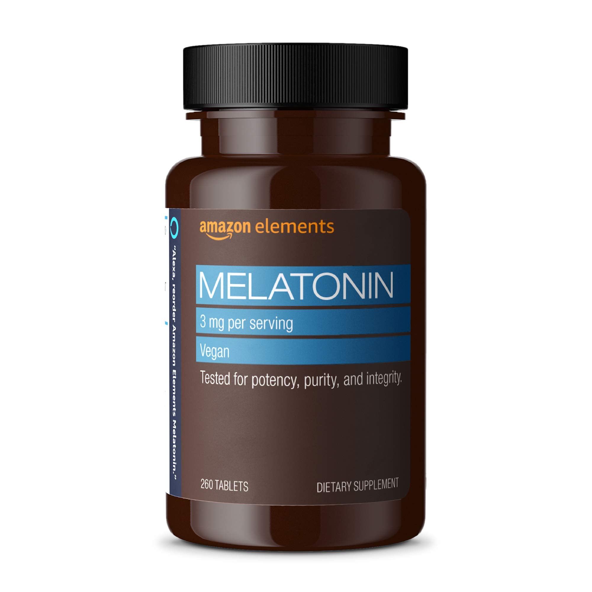 Amazon Elements Melatonin tablet bottle front view for easy nightly use.