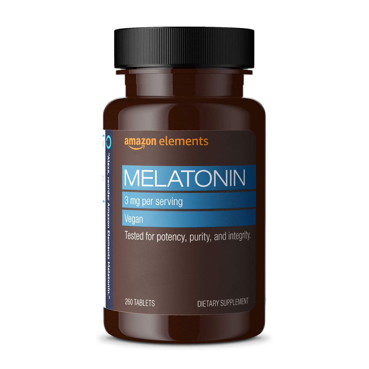 Amazon Elements Melatonin tablet bottle front view for easy nightly use.