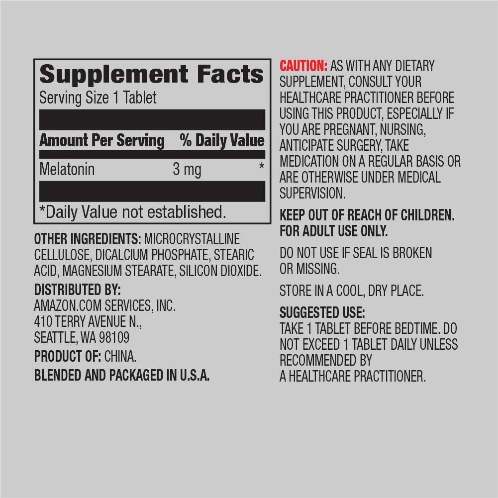 Amazon Elements Melatonin tablets in unflavored packaging for simple nightly intake.