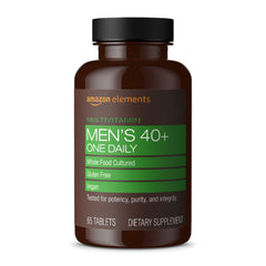 Amazon Elements Men's 40+ multivitamin bottle front with vegan formula for daily wellness