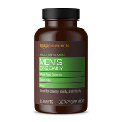 Amazon Elements Men's One Daily bottle front, easy daily vitamin routine with a two-month supply.