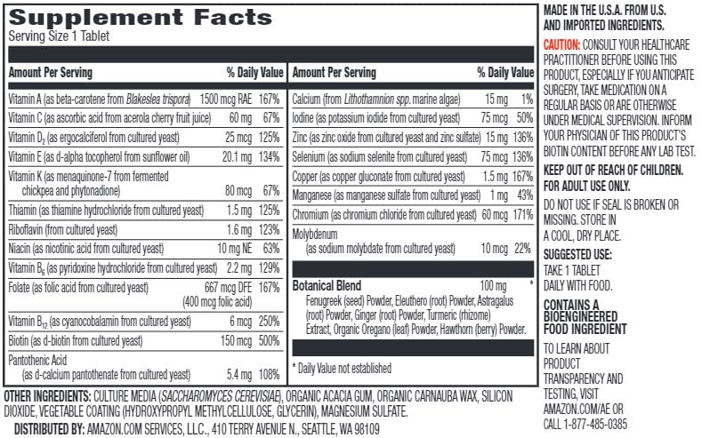 Amazon Elements Men's One Daily bottle side, vegan and gluten-free multivitamin option.