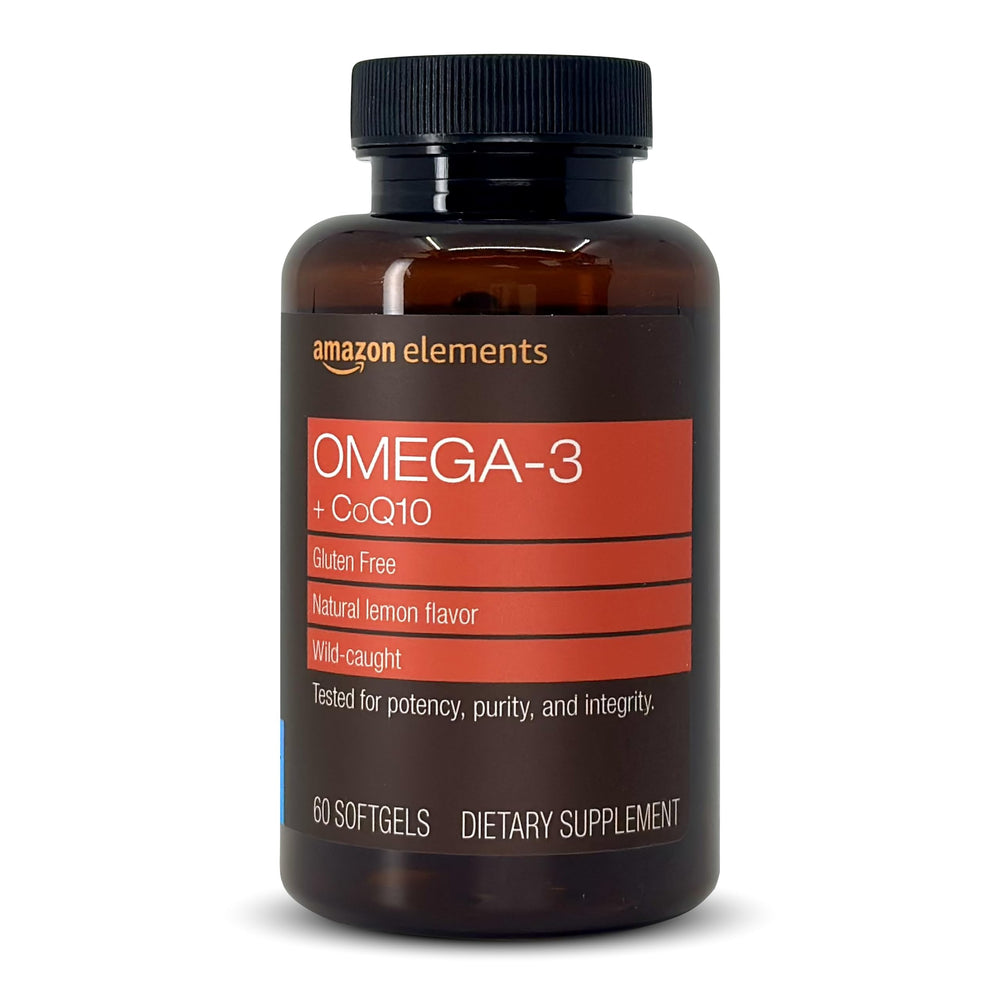 Amazon Elements Omega-3 + CoQ10 bottle shows 60 softgels for daily heart and brain support.