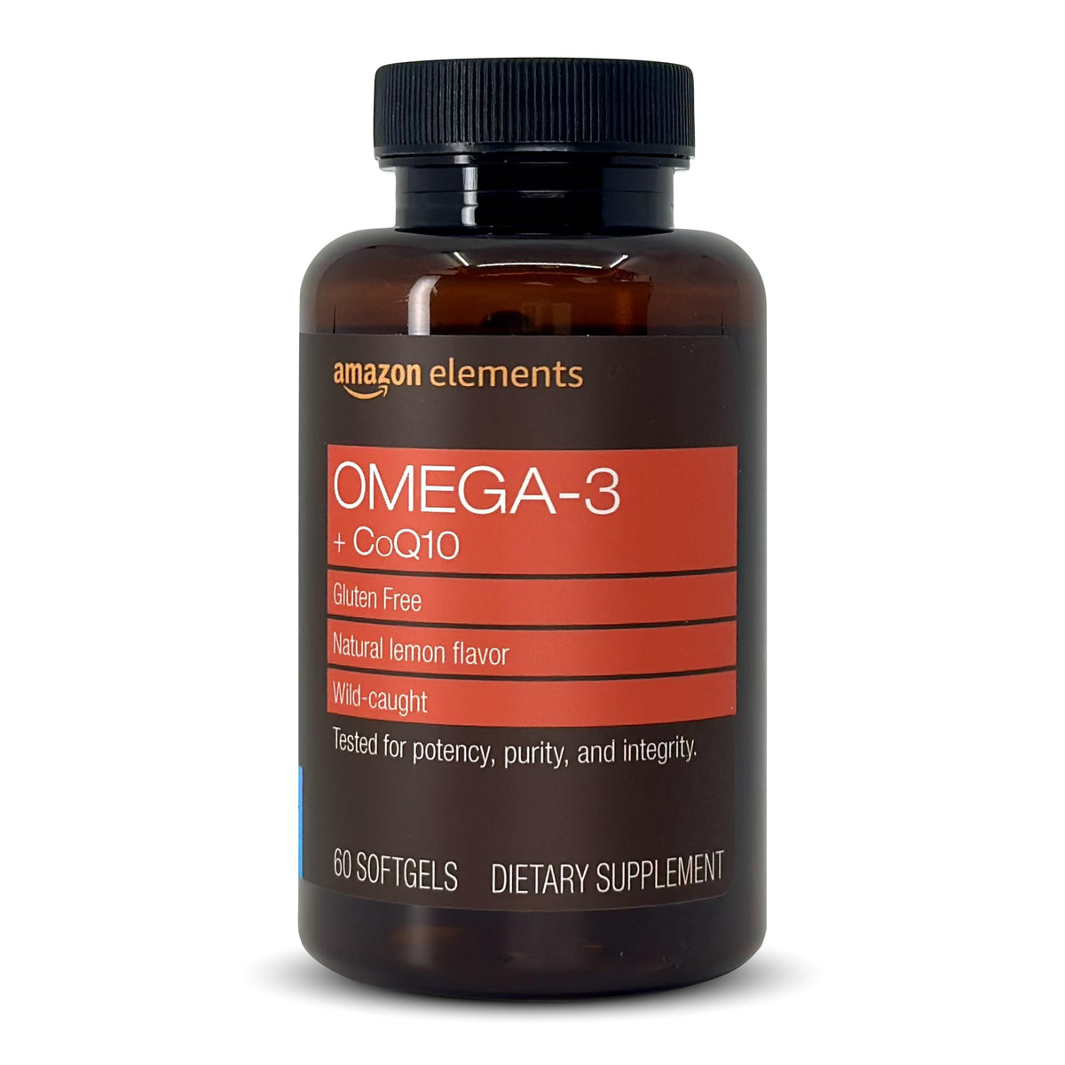 Amazon Elements Omega-3 + CoQ10 bottle shows 60 softgels for daily heart and brain support.