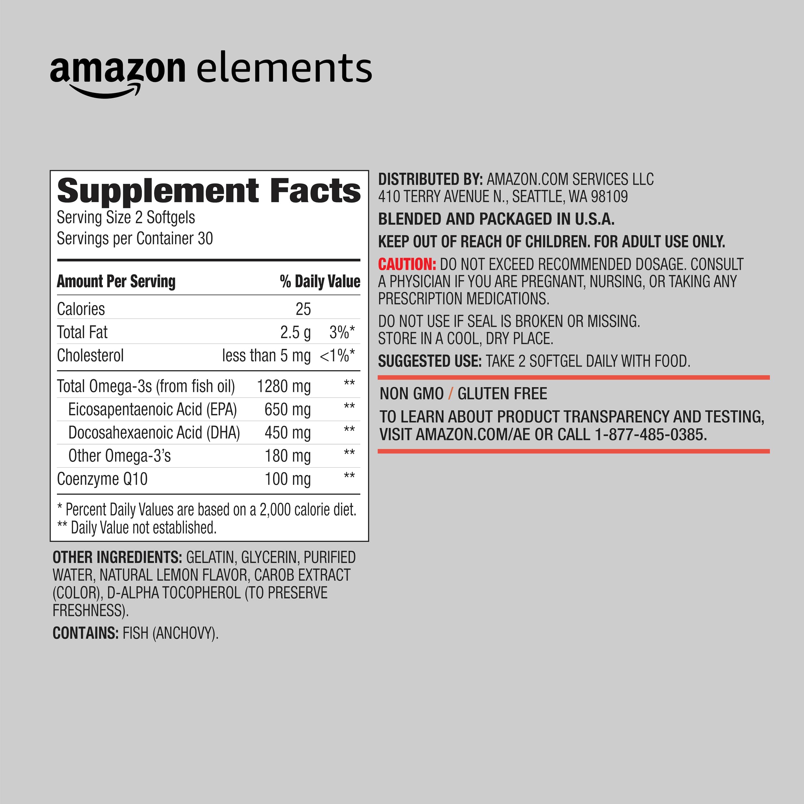 Amazon Elements Omega-3 + CoQ10 softgels with lemon flavor are easy to take daily.