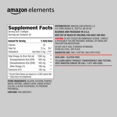 Amazon Elements Omega-3 + CoQ10 softgels with lemon flavor are easy to take daily.