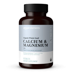 Amazon Elements Organic Calcium & Magnesium bottle front, vegan and gluten-free daily supplement for bone support.