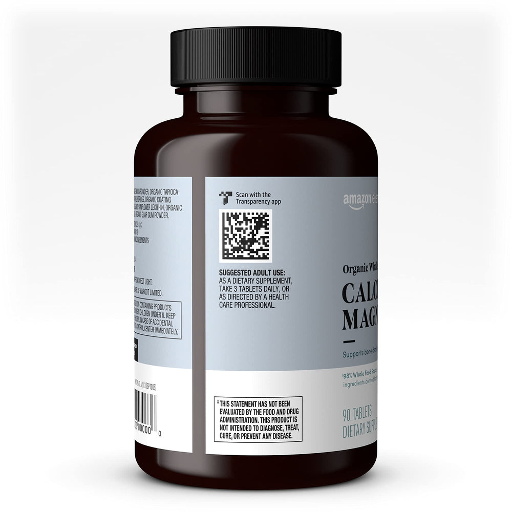 Amazon Elements Organic Calcium & Magnesium ingredients label highlights whole-food source.