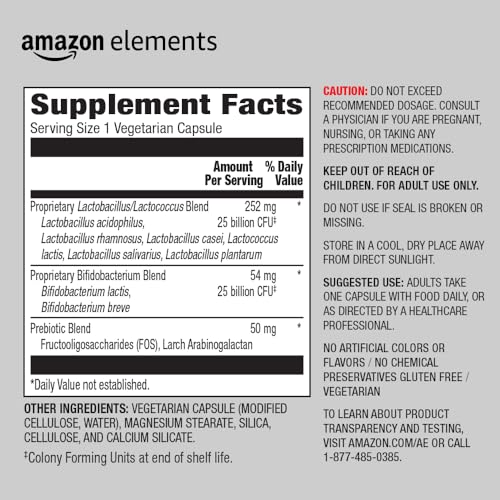 Close-up of the Amazon Elements probiotic label showing 50B CFU and 7 strains.