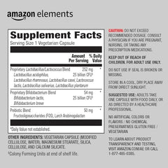 Close-up of the Amazon Elements probiotic label showing 50B CFU and 7 strains.