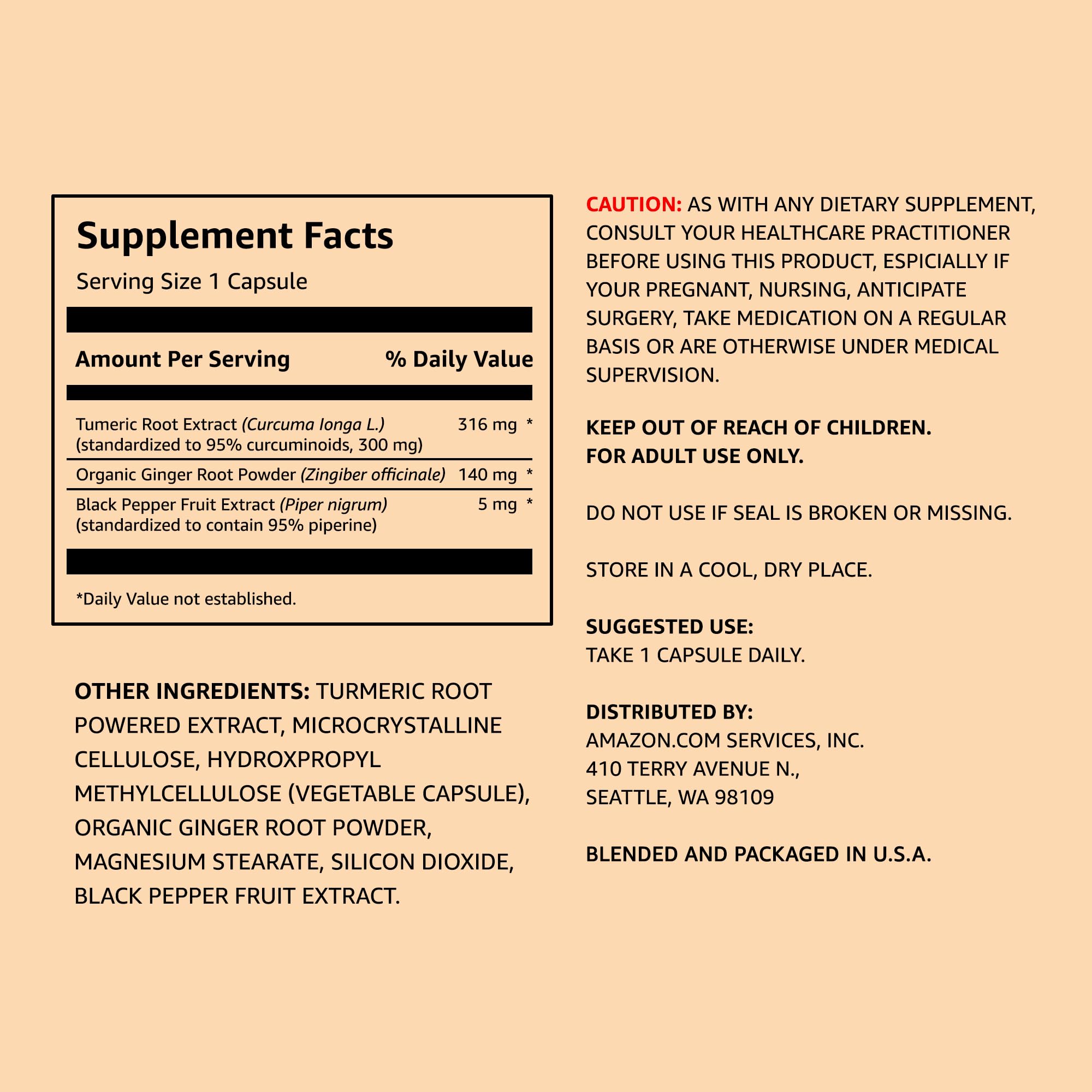 Amazon Elements Turmeric Complex label highlighting curcumin, ginger, pepper blend for joint comfort.