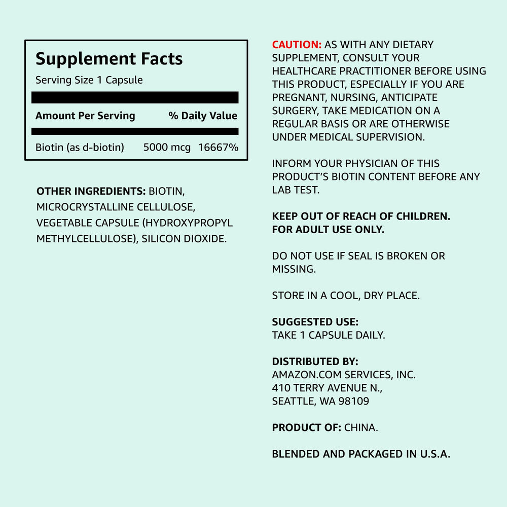 Amazon Elements vegan biotin capsules highlight hair, skin, and nails support.