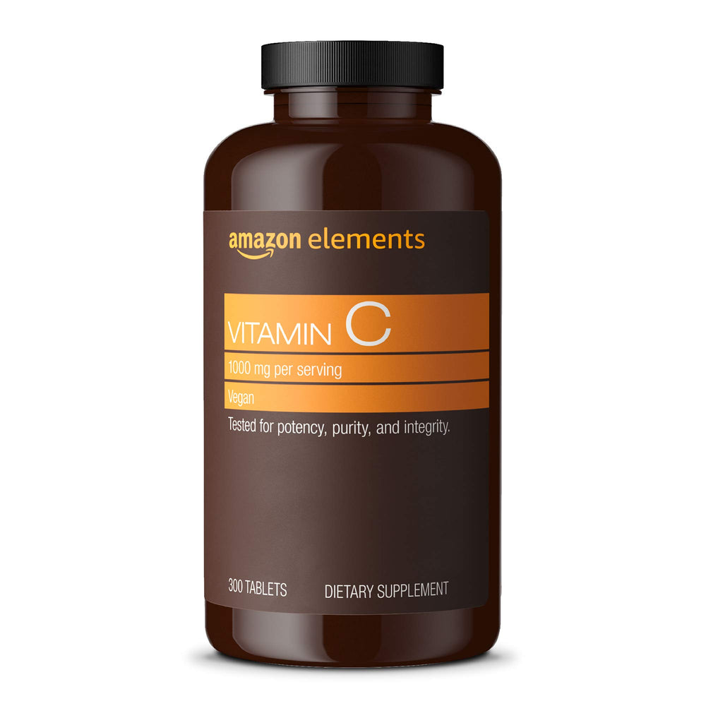 Amazon Elements Vitamin C bottle viewed, highlighting 1000 mg per serving for daily immune support
