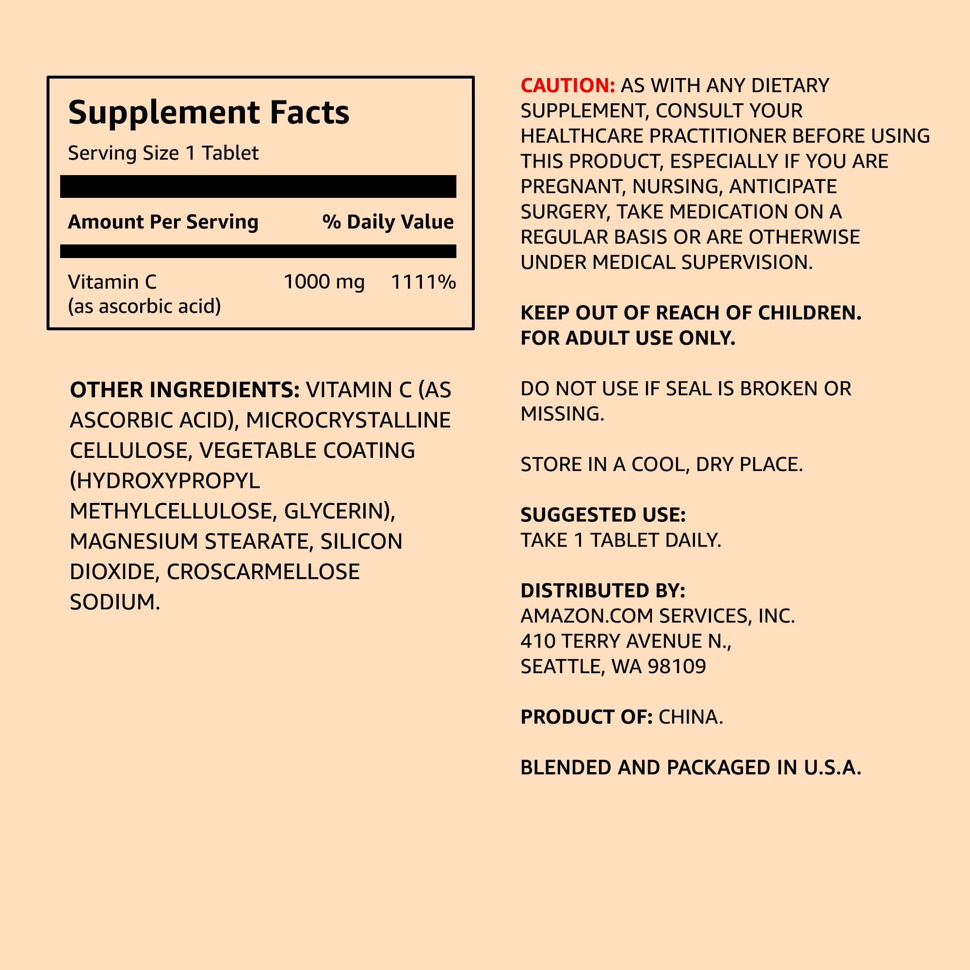 Close-up of Amazon Elements Vitamin C tablets shows vegan formula for daily vitality