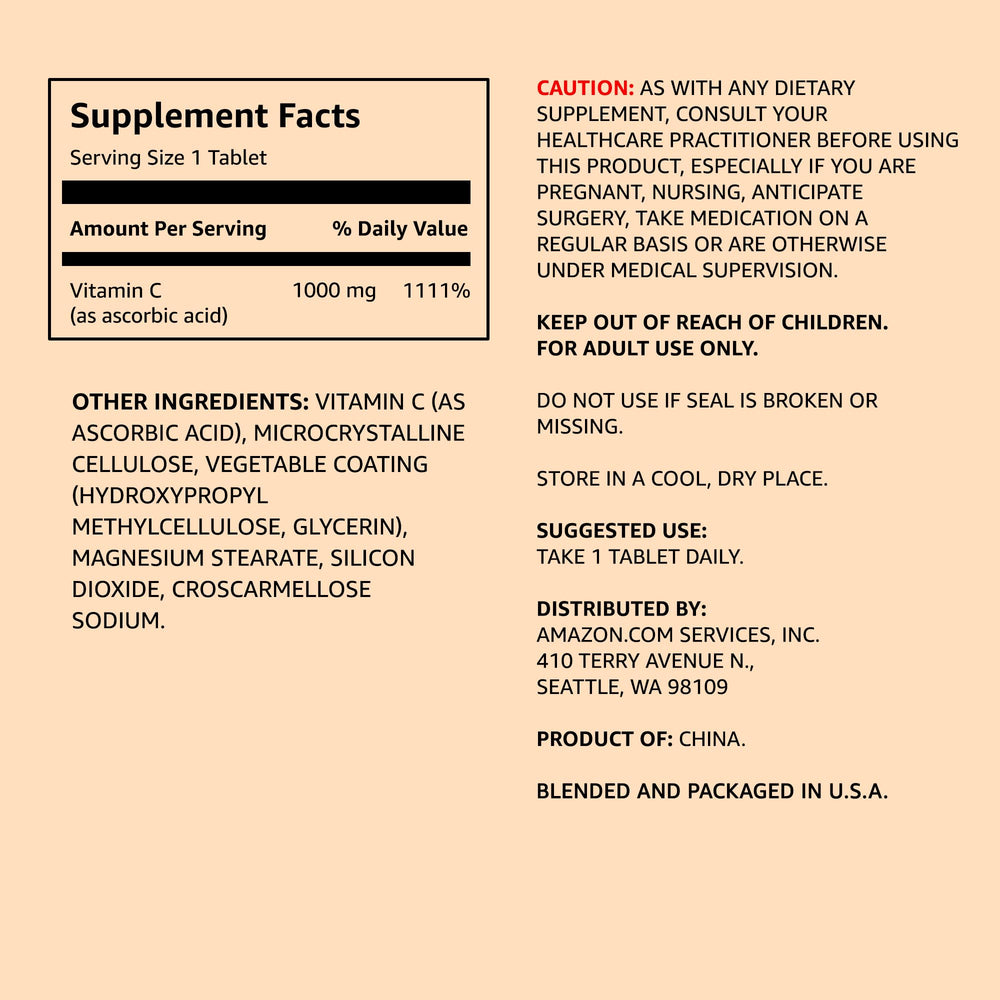 Close-up of Amazon Elements Vitamin C tablets shows vegan formula for daily vitality