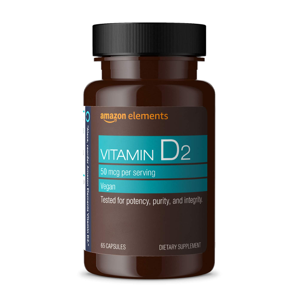 Amazon Elements Vitamin D2 2000 IU bottle for daily bone support.