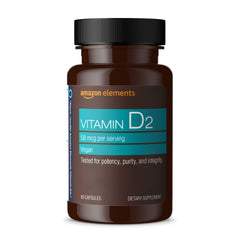 Amazon Elements Vitamin D2 2000 IU bottle for daily bone support.