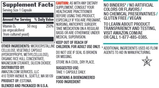 Close-up of Amazon Elements Vitamin D2 capsules, a vegan option.