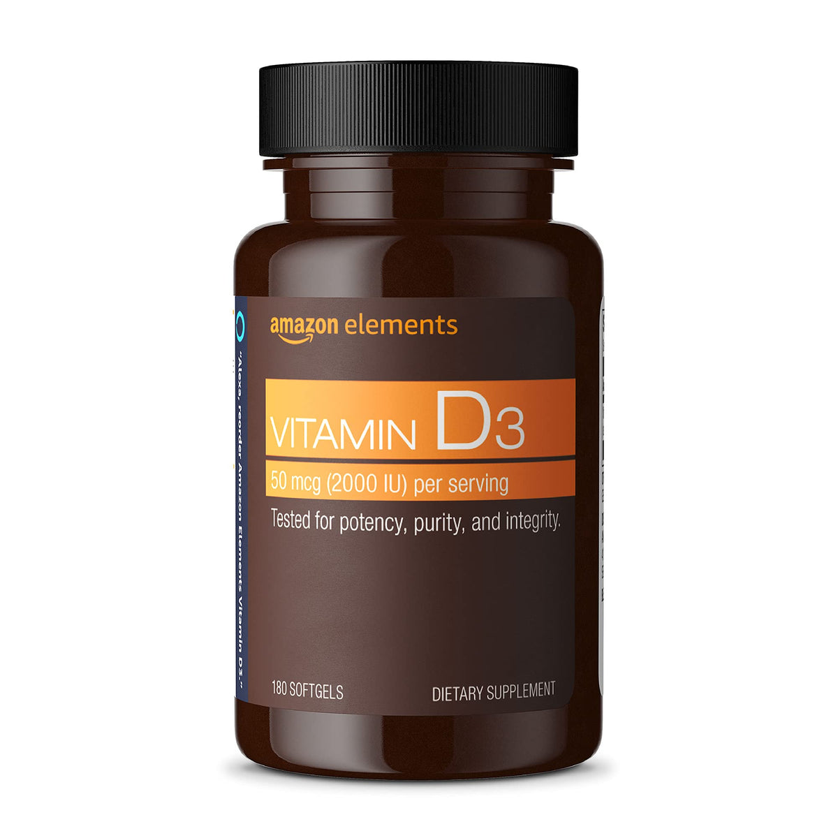 Amazon Elements Vitamin D3 bottle with 180 softgels for daily bone and immune support.