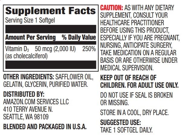Close-up of Amazon Elements Vitamin D3 softgels, small and easy to swallow.