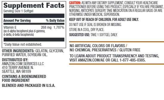 Amazon Elements Vitamin E bottle label showing testing and quality focus