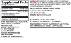 Amazon Elements Vitamin E bottle label showing testing and quality focus