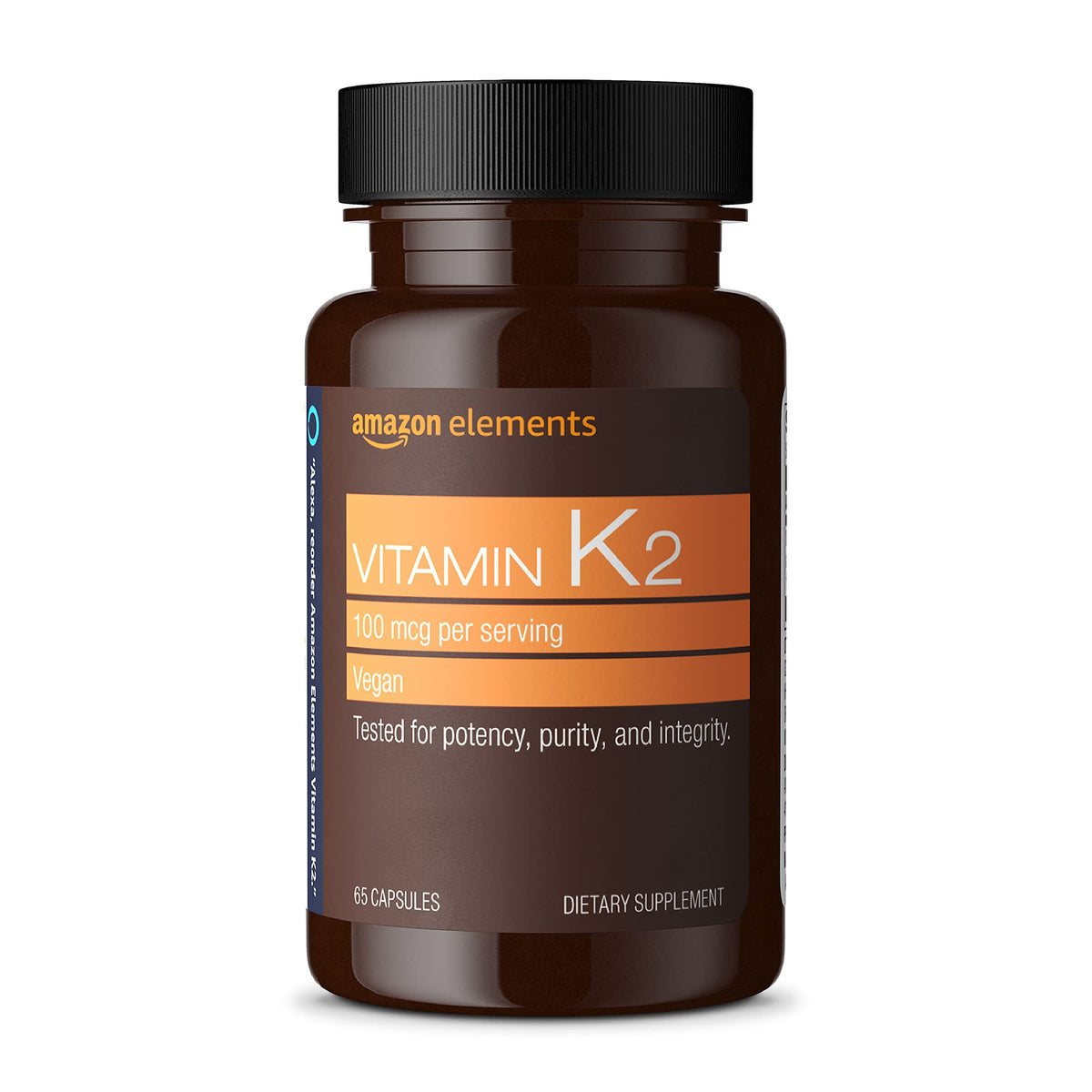 Amazon Elements Vitamin K2 100 mcg bottle for daily vegan supplementation.