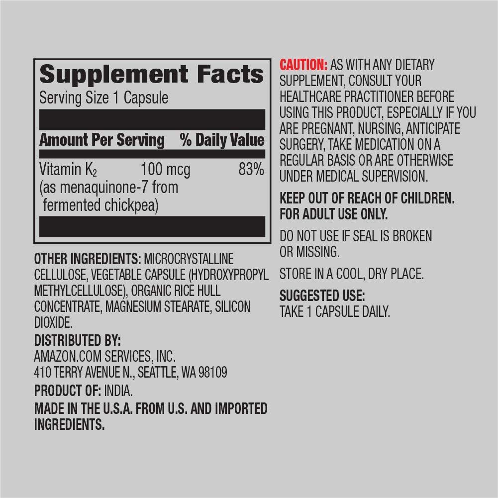 Amazon Elements Vitamin K2 100 mcg capsules emphasizing vegan formula.