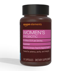 Amazon Elements Women's Probiotic bottle for daily urinary and vaginal health support.