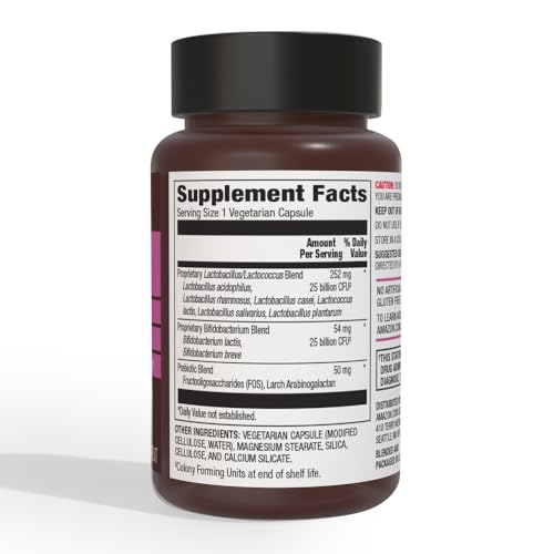 Close-up of Amazon Elements Women's Probiotic capsules for everyday use.